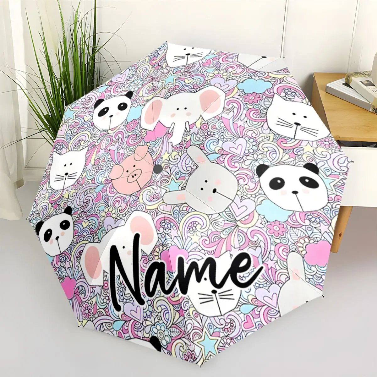 Custom Name Whimsical Animal Design Umbrella with Colorful Print 8 Iron Ribs Folding Umbrella, Auto-Open Fashion Sunshade