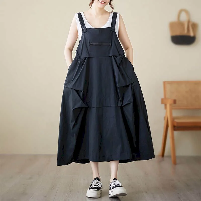 

Parachute Strap Dress for Women Sleeveless Casual Loose Summer Streetwear Korean Style Oversized Vintage Calf Length Dresses