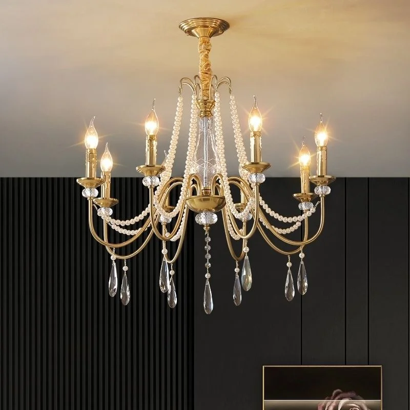 French Luxury Crystal Pearl Chandelier Foyer Lustre E14 Pendant Light American Style Home Decor