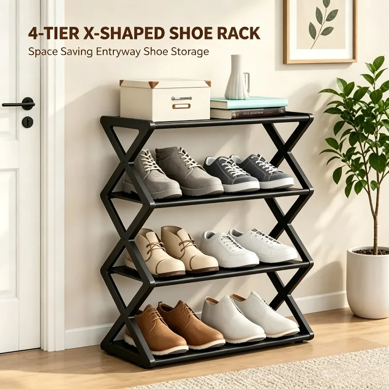 4-stufiges X-förmiges platzsparendes Schuhregal, einfache Montage, Haushalts-Aufbewahrungsregal, einfacher Schuh-Organizer für Eingangsbereich und Wohnzimmer