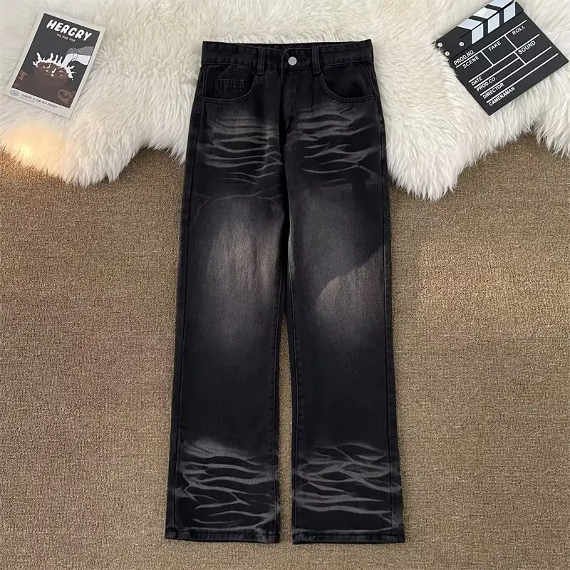 

Retro American Washed Black Grey Micro Flared Straight Leg Jeans Men High Street Vibe Simple Slimming Straight Cut Pants