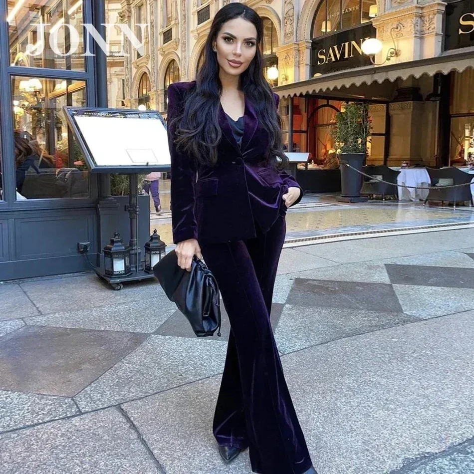 

JONN 2024 High Quality Fashion Velvet Slim Women's Set Sexy Lapel Single Button Blazer High Waist Flared Pants Two Piece Set