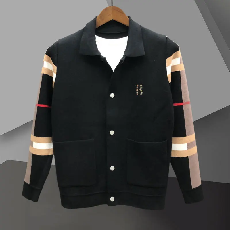 2023 Autumn Winter England Style Pocket Men Cardigan Fashion Brand Cardigan Plus Size Spliced Color Cardigan Knit Jacket