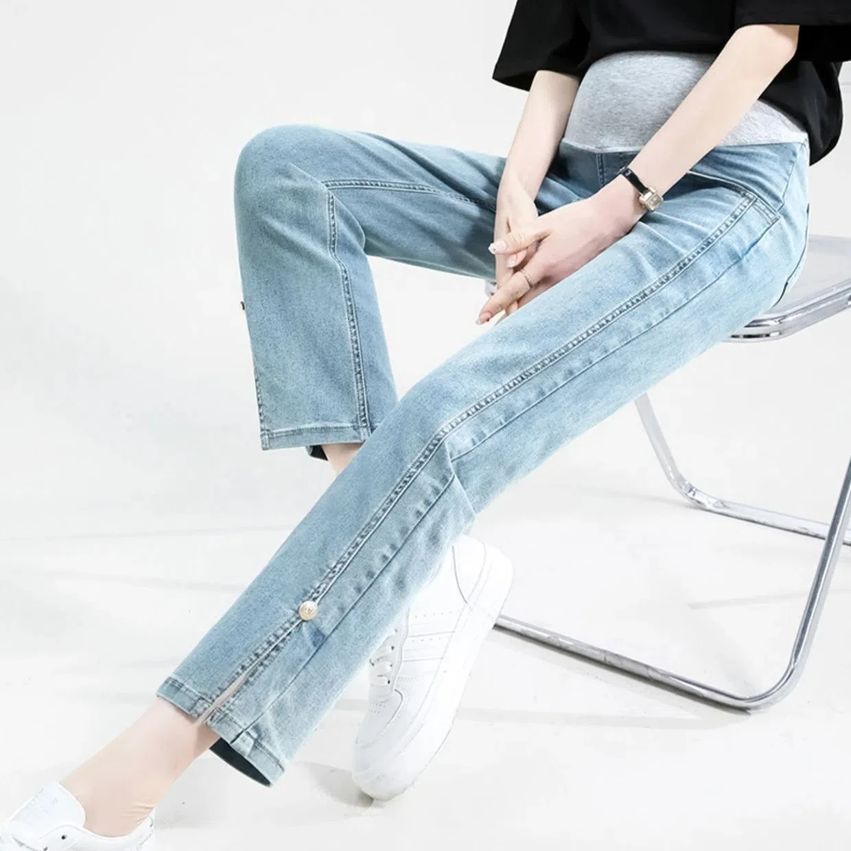 Beading Splits Leg Cropped Jeans Maternity Spring Summer Thin Stretch Denim Belly Straight Pants for Pregnant Women Pregnancy