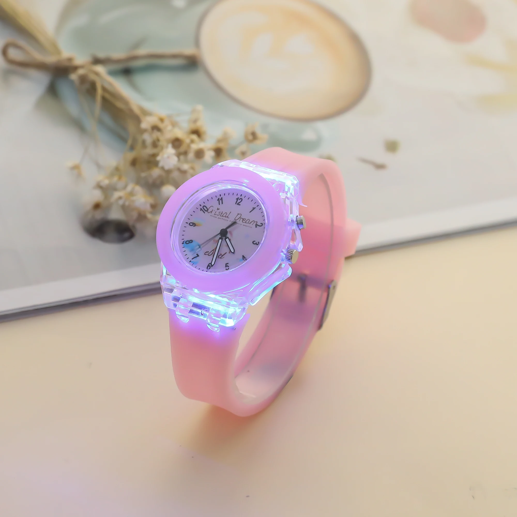 لا يوجد علبة هدية ساعة معكرون؛ سلسلة ساعة كوارتز سيليكون مضيئة مكونة من 7 ألوان من سوار الخرز مكون من قطعتين #4