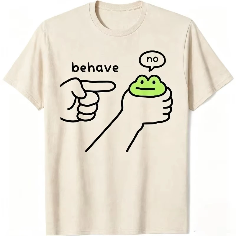 American Streetwear Loose Men T-shirt Funny Behave No Refuse Frog Hand Graphic Print Soft Cotton Breathable Daily Casual Tops