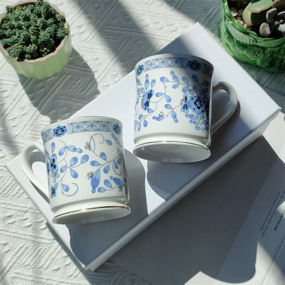 Blue and White Bone china Couple Mug Gold Trimmed Porcelain Tea Cups 2PCS Gift Box Water Mug for Household Ceramic Drinkware