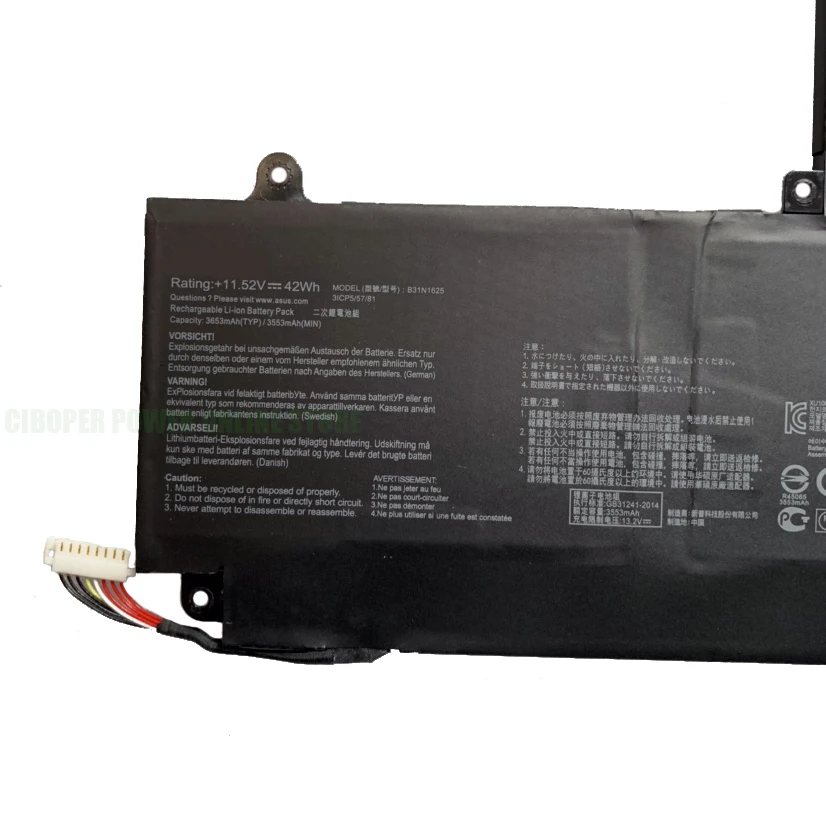 CP Original Laptop Battery B31N1625 11.52V/42Wh/3653mAh For VVivoBook Flip 12 TP203MAH TP203NAH Series Notebook