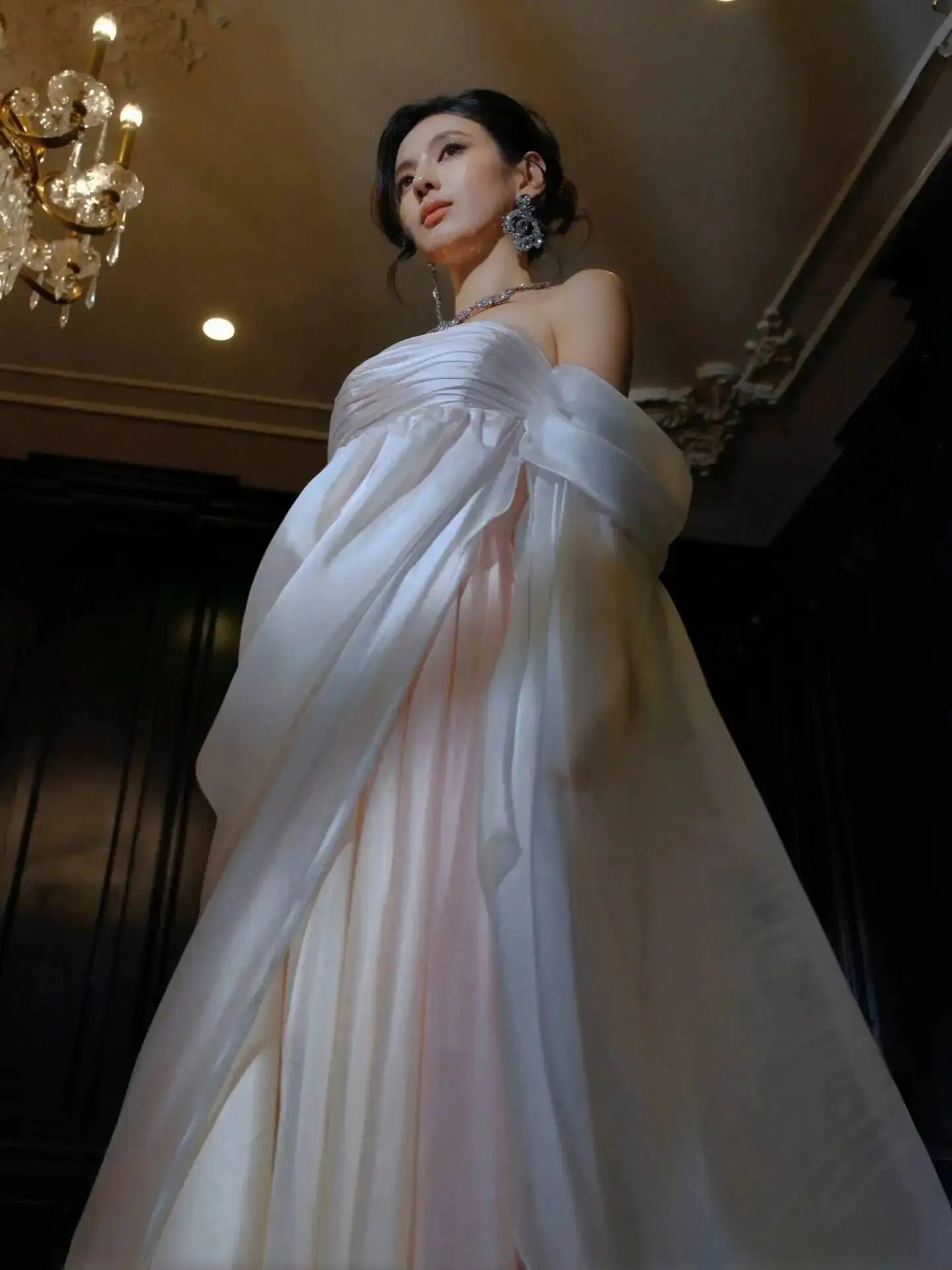 Strapless Flowy Chiffon Evening Gown Women Greek Goddess Style Formal Dress With Detachable Long Sheer Cape Train - view 3