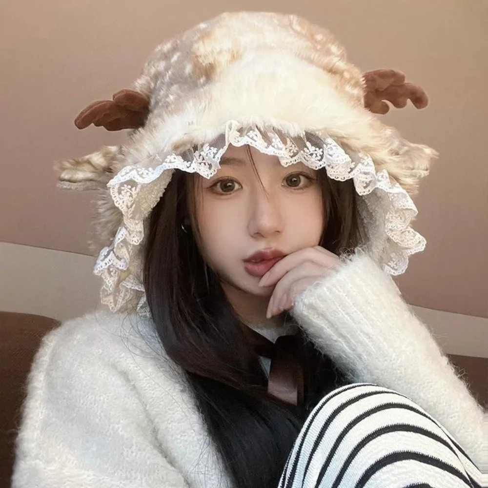 Christmas Deer Plush Lace-up Pullover Hat Women Sweet Cute Antlers Keep Warm Autumn and Winter Plush Ear Protection Headband