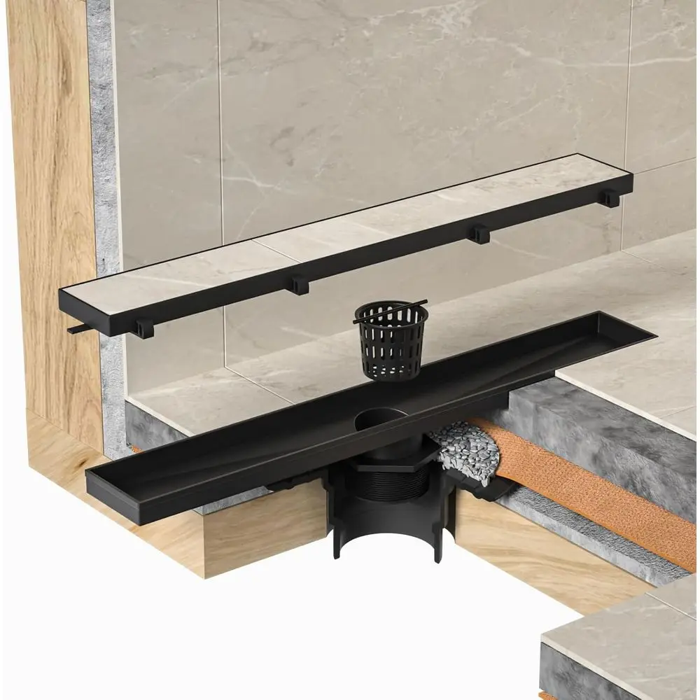 تصريف دش الحمام المطور: 28 أسود غير لامع، تصريف سريع، إدخال البلاط، ستانلس ستيل مع مصفاة شعر ومفتاح تصريف #6