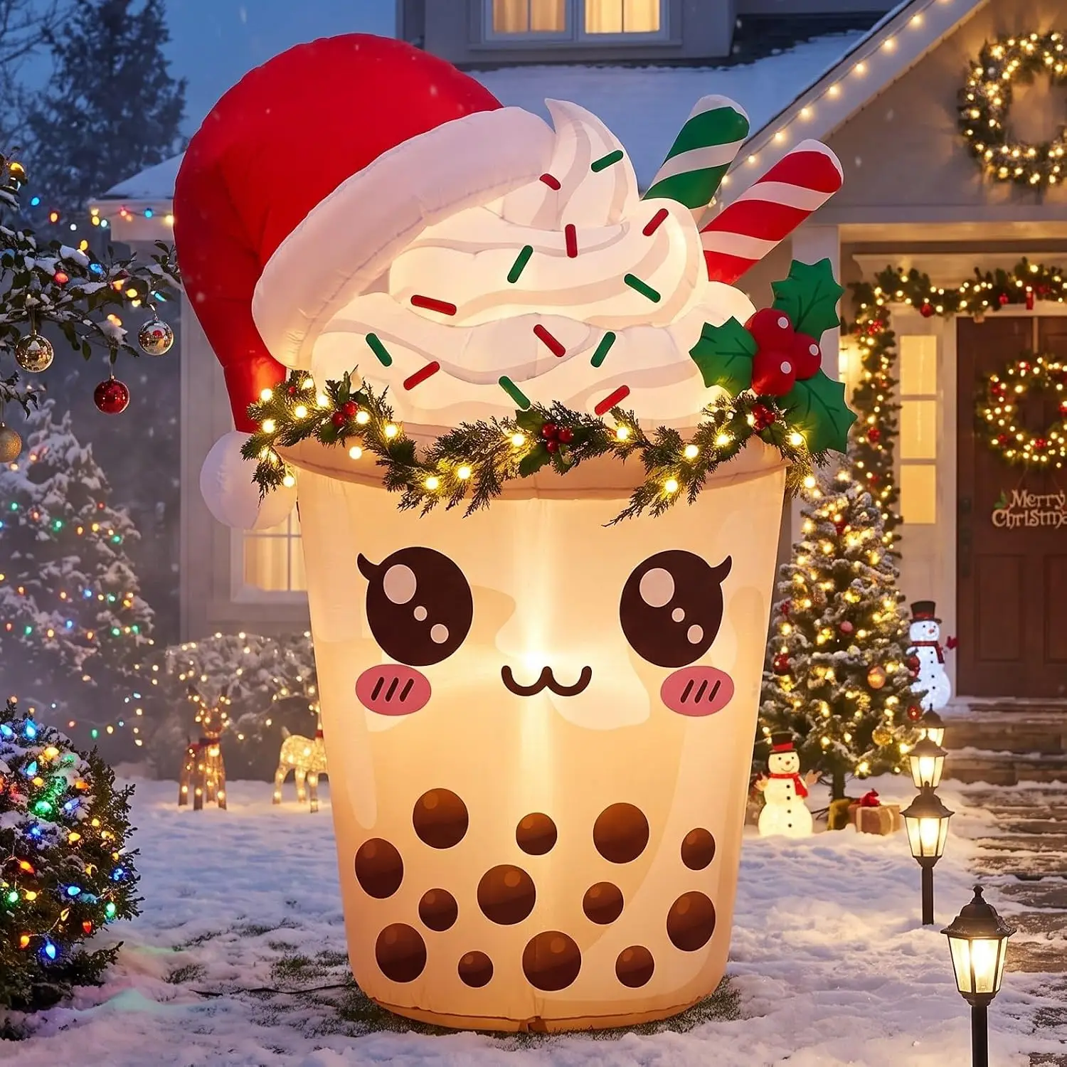 Outdoor Christmas Inflatable Decoration 3.2 Ft with Santa Hat Candy Cane LED Lights Cute Holiday Bubble Milk Tea Design