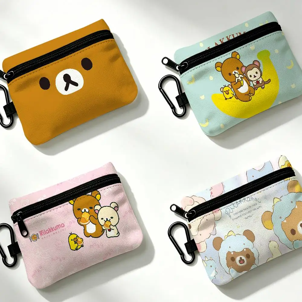 Cartoon Rilakkuma Cute Kawaii Mini Hanging Oxford Cloth Coin Bag Durable Zipper Key Card Pouch With Carabiner