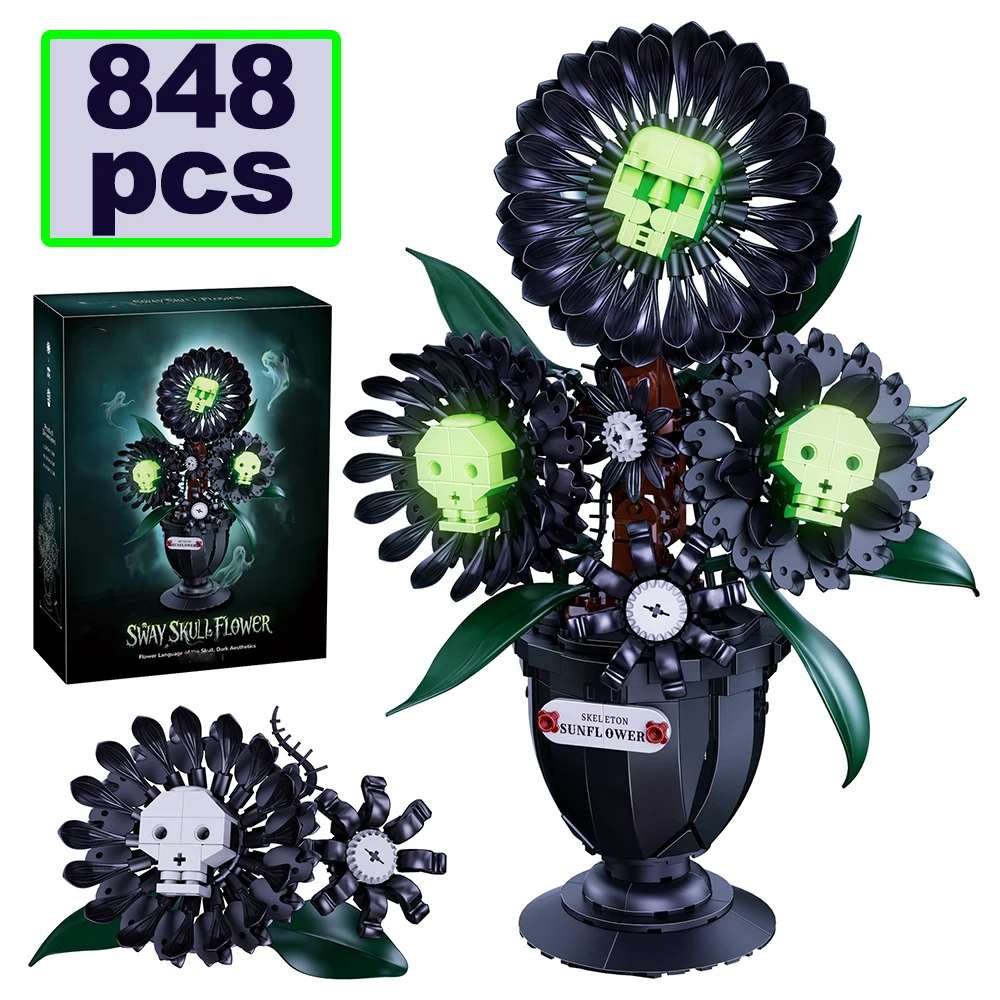 848PCS MOC Dark Skeleton Flower Model Bouwstenen Gothic Rose Halloween Moon Flower City Home Ornament Brick Volwassen Speelgoed Cadeau