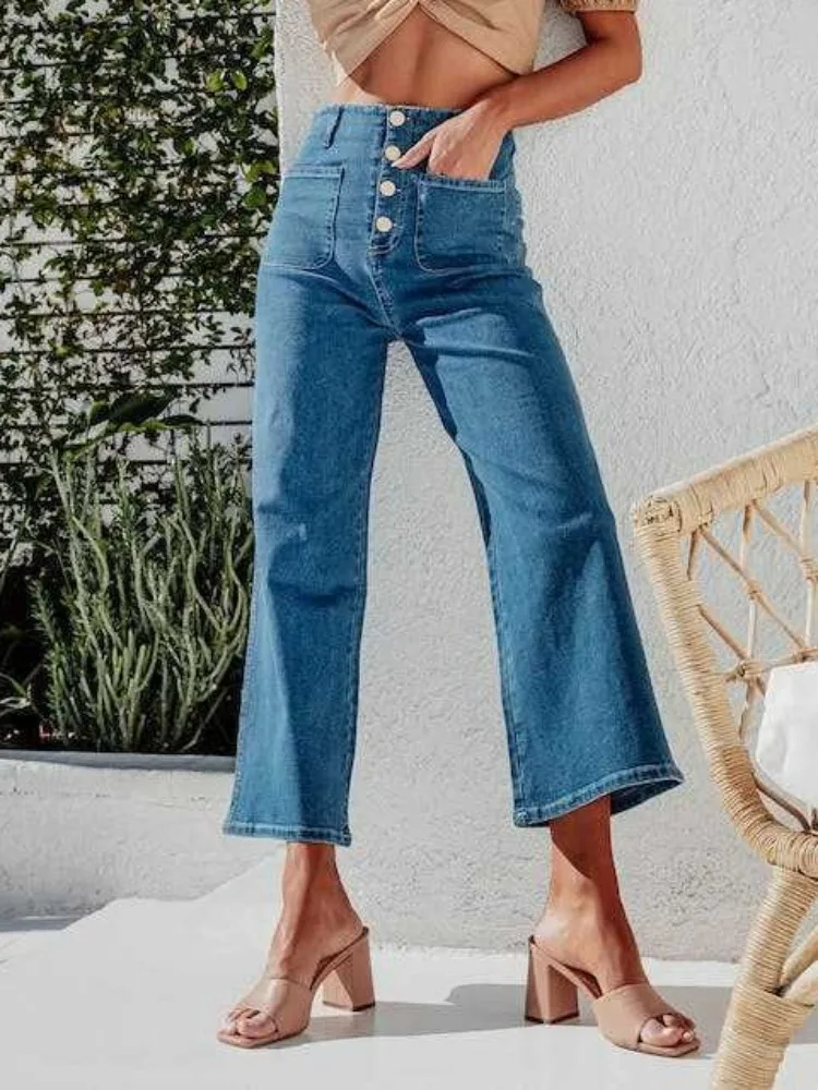 

Винтажные широкие джинсы на пуговицах, женские прямые джинсовые брюки с высокой талией