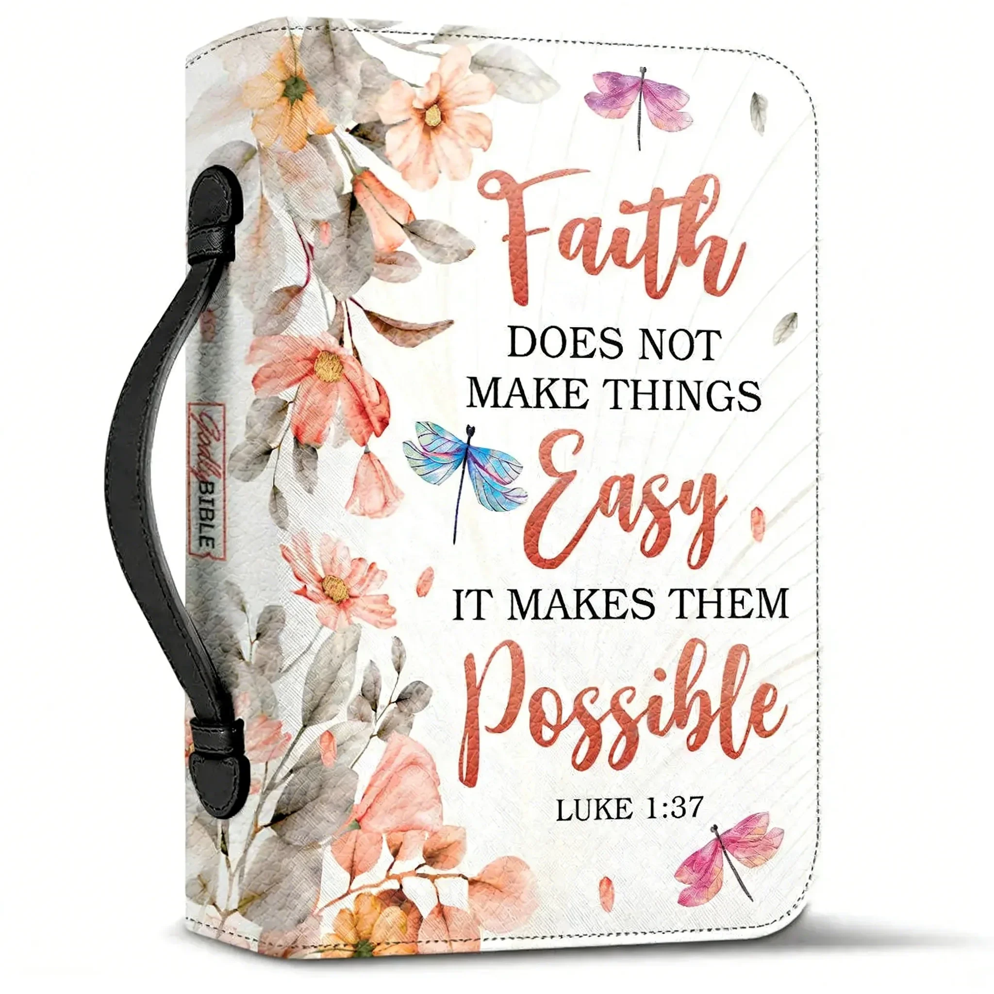 PU Leather Christian Bags Personalized Bible Cover Faith Does Not Make Things Easy Luke 1 Verse Print Ladies Bible Bag Holy Bag
