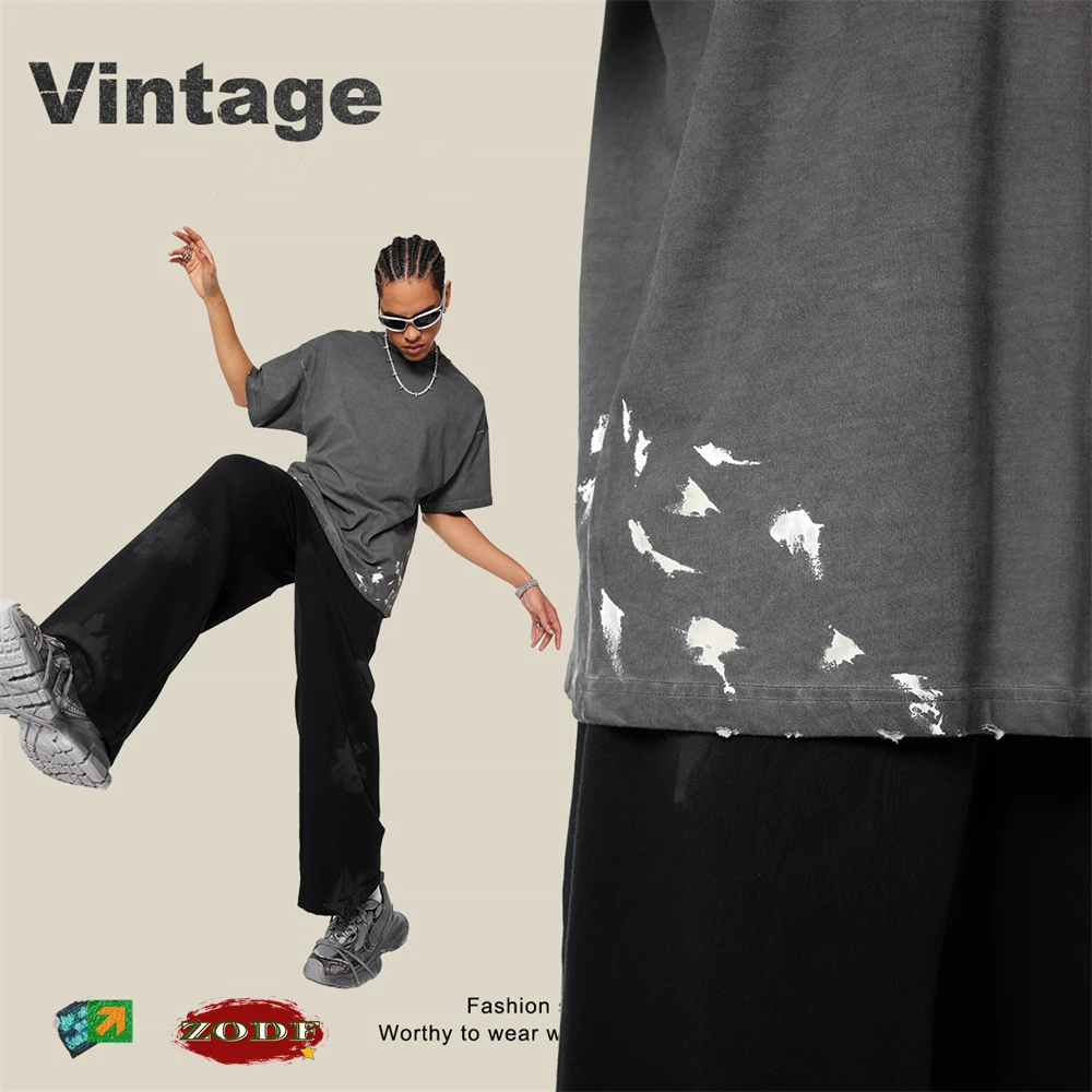 ZODF Chic Men Heavy Wieght Washed Cotton T-Shirts Unisex Summer Paint Oversized 310gsm Splash-Ink T Shirt Streetwears HY0806