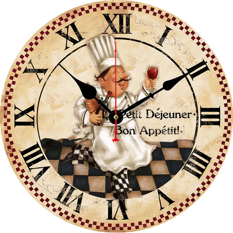 Reloj de pared redondo con diseño de vino para Chef de cocina Vintage, sala de estar, dormitorio, cocina, decoración del hogar, reloj de pared, reloj de cuarzo silencioso