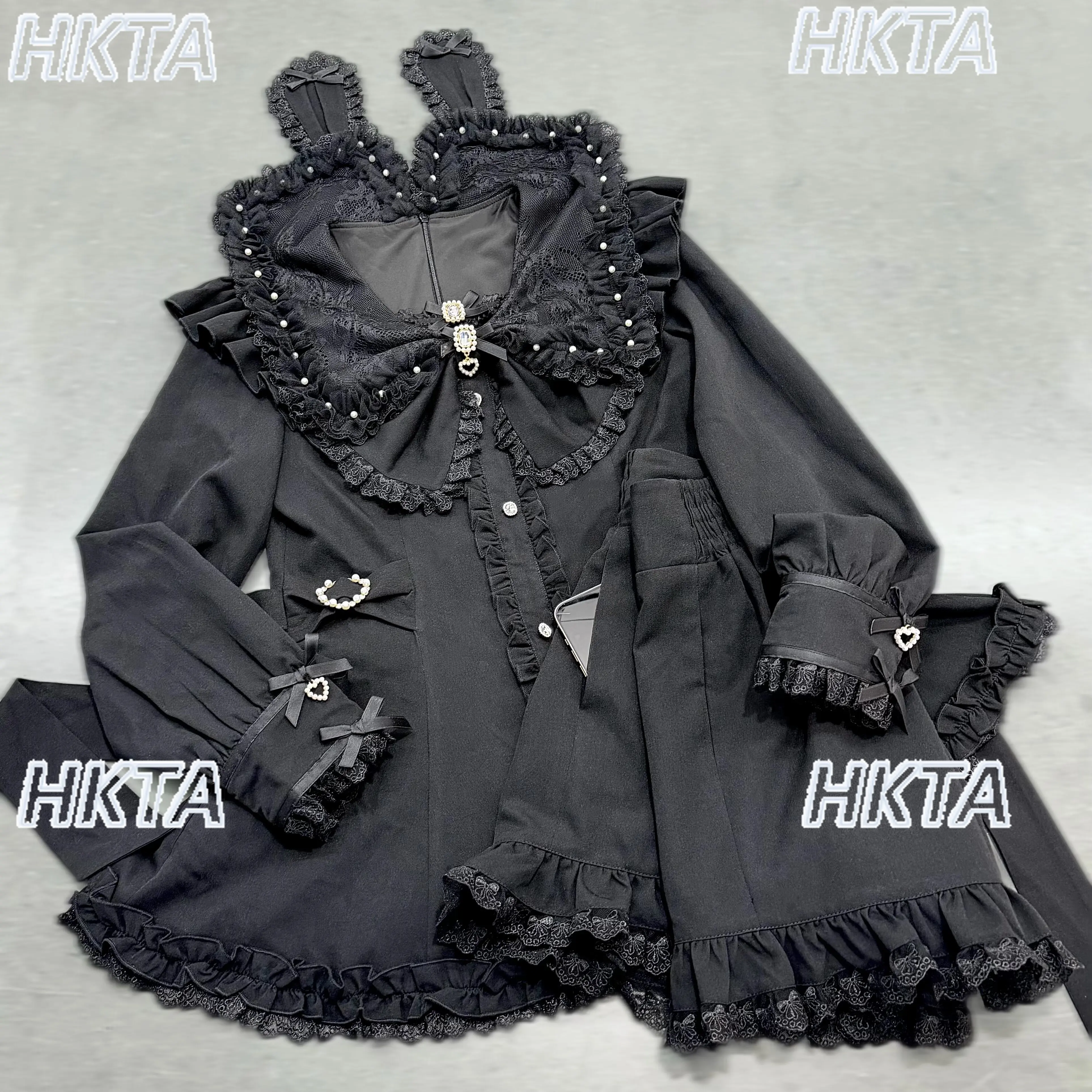 Original Japanese-style Mass-produced Lace Dress Detachable Ears Cute Soft Girl Tweed Long-sleeve Dress Shorts Set Spring Women