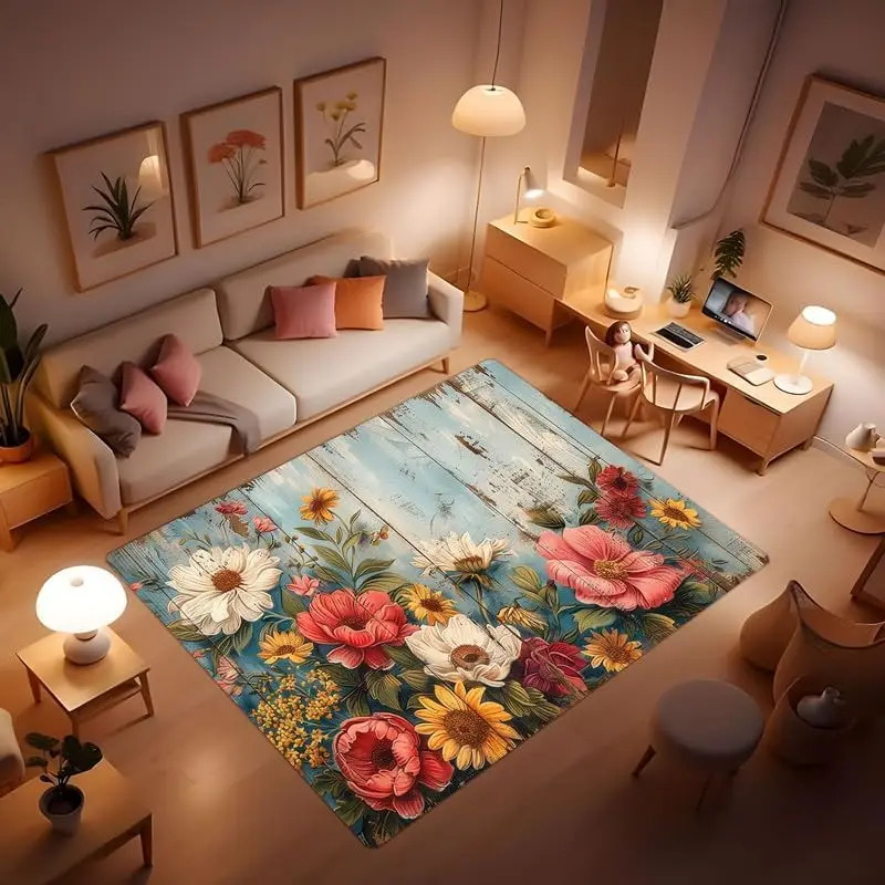 The Wooden Floral Print Carpet Dances in The Warm Autumn Sun.Suitable for Entrance, Bedside, Corridor, Living Room 63x94inch