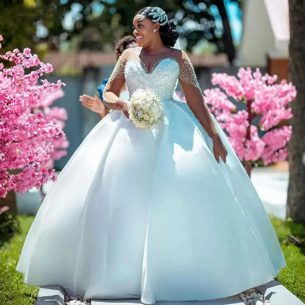 

Новое элегантное свадебное платье Aso Ebi с прозрачным воротником и длинными рукавами, платье принцессы для выпускного вечера с жемчугом и бисером, женское свадебное платье по индивидуальному заказу 2025