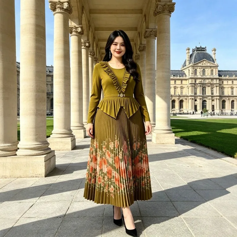 Miyake Pleated Printed Skirt Set Plisse Fold 2026 Autumn New Fashionable Printed Loose Casual Skirt Pleats Two-Piece Set