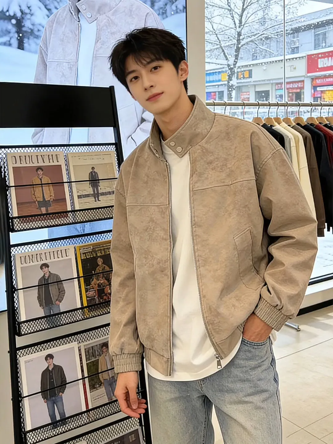 

Мужская зимняя куртка из американской окрашенной кожи с подкладкой из овечьего бархата, теплая, в стиле High Street, с воротником-стойкой, рабочая одежда