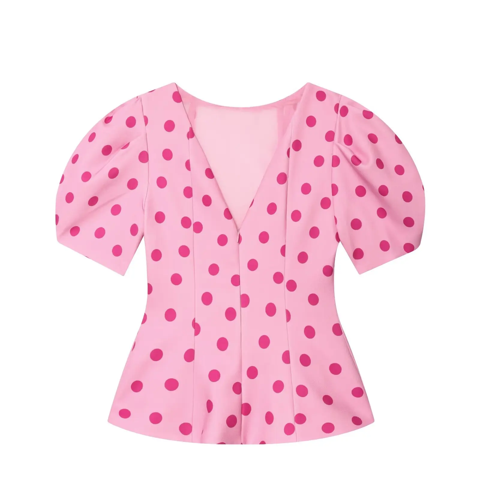 BSAY 2026 Sommer Damen Polka Dot Peplum-Top mit Puffärmeln und Rundhalsausschnitt – Elegante, schmal geschnittene Freizeitbluse für den Alltag – Detail 4