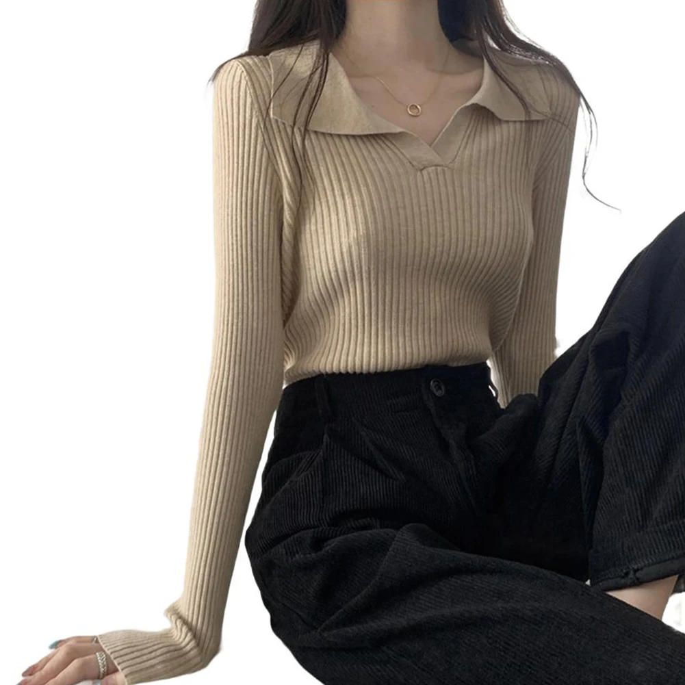 女性用プルオーバーセーター 長袖 ラペルカラー付きニット カジュアル ベーシック ボトムス トップス レイヤリングやデイリーウェアに