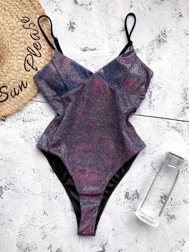 2025 Summer New Swimwears Minimalist Pure Women Color One-piece Swimsuit Sexy Sparkling Female Bikini Sets