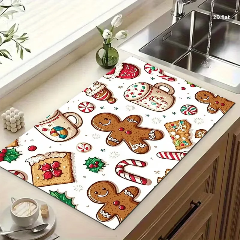 Christmas Gingerbread Man Dish Drying Mat Coffee Countertop Pad Decor Kitchen Sink Draining Pad Tableware Holiday Decor Pad