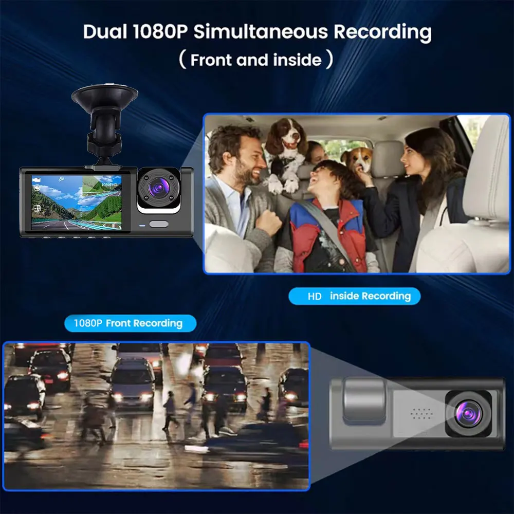 1080P DVR Dash Camera Front & Inside & Rear 2 Inch Screen Dashcam with Night-Vision Loop Recording One-Key Lock Standard - Image 6