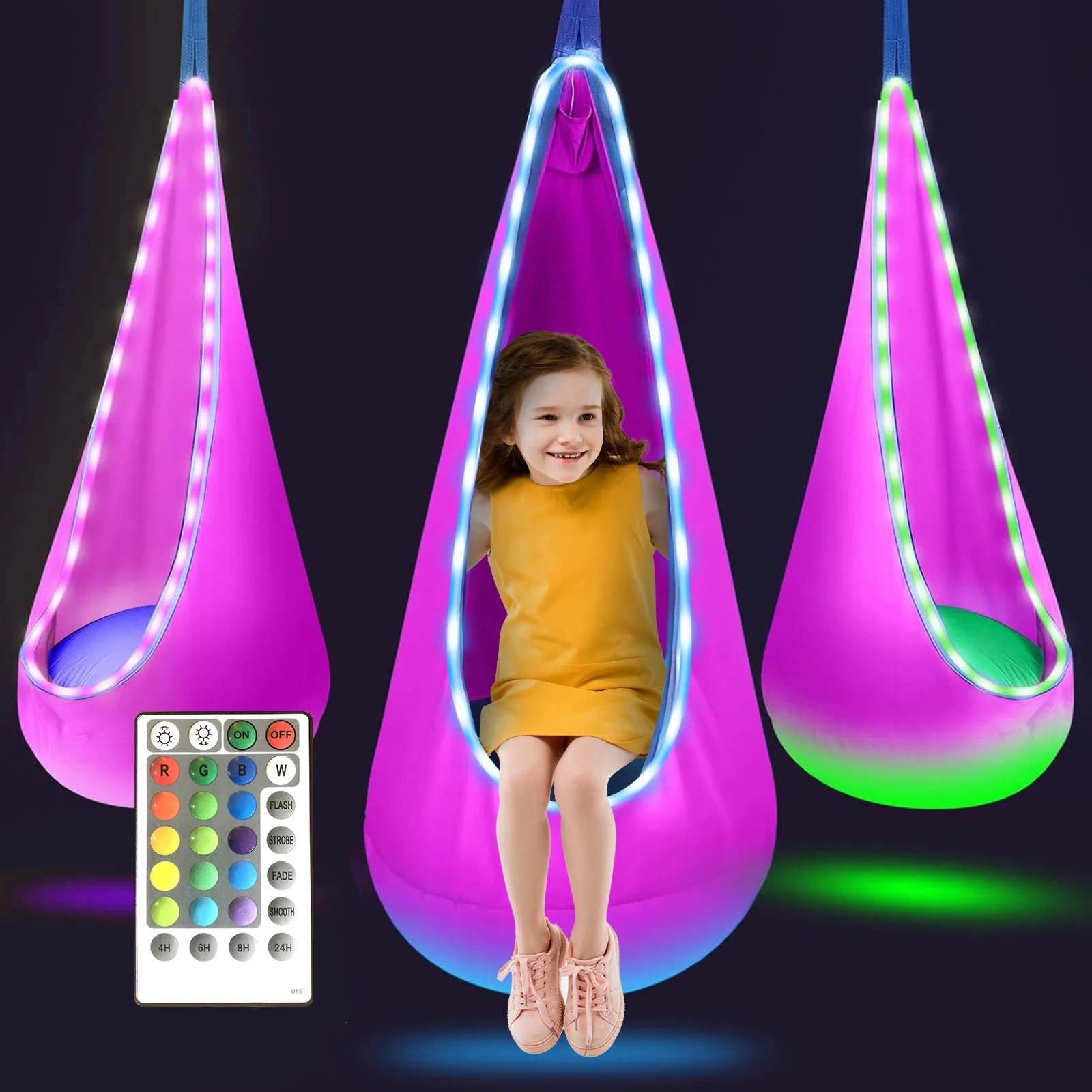Assento de balanço infantil com luz LED Cadeira de balanço sensorial infantil Cadeira de rede de terapia interna e externa com kit de cabide para TDAH
