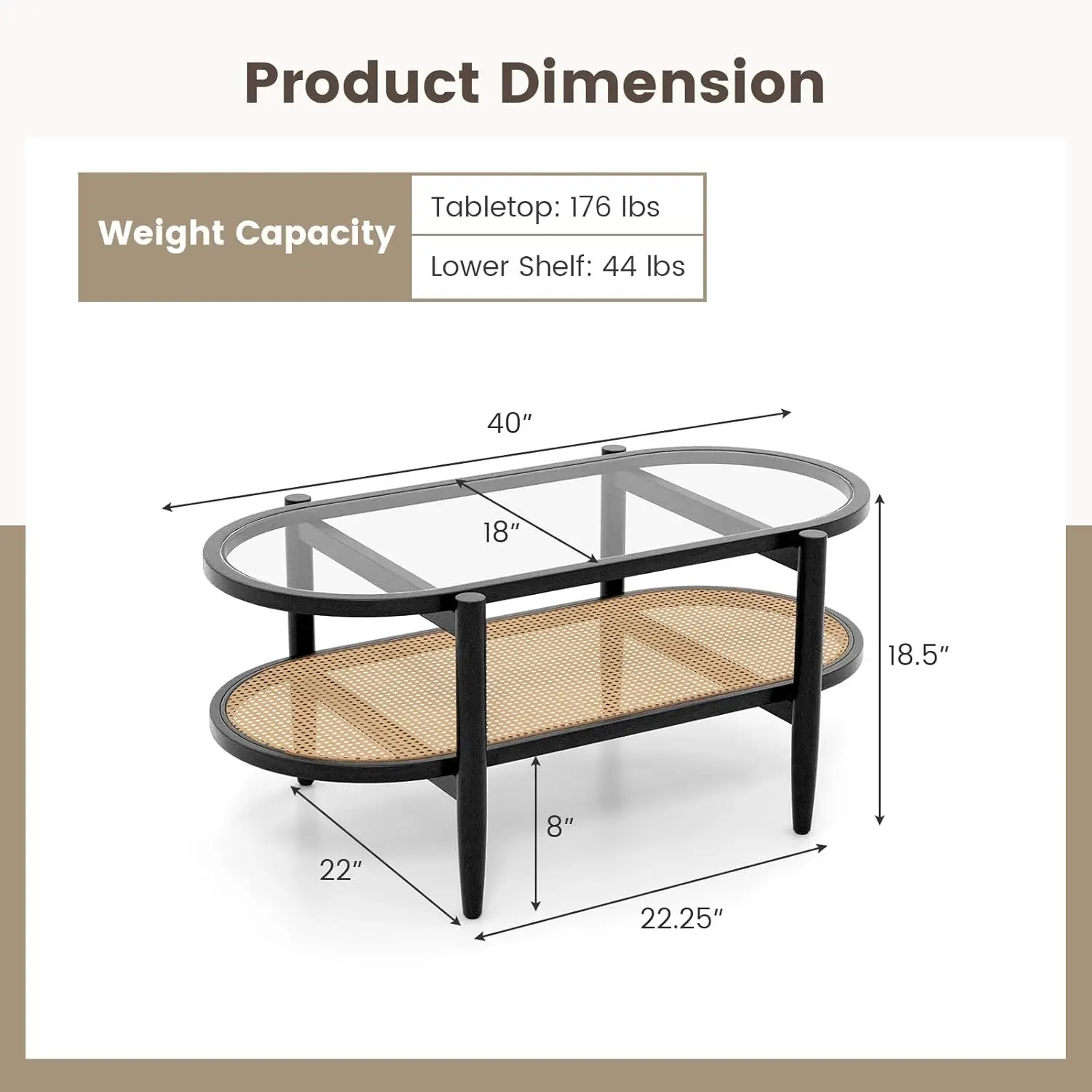 Coffee Table, 40”L Oval  Wood Cocktail Table With Tempered Glass Tabletop &  Storage Shelf, 2-Tier
