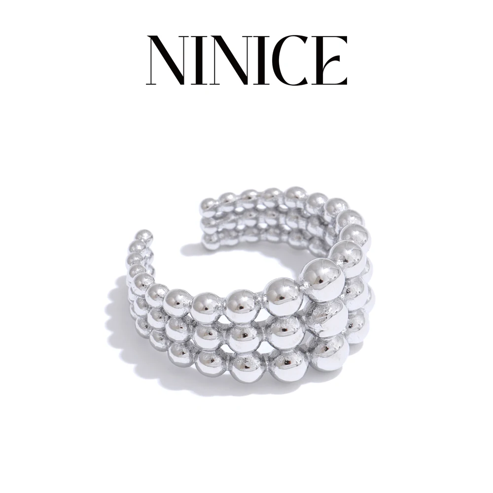 NiNice Offener Ring aus 316L-Edelstahl mit geschichteten Perlen, modisches Statement-Fingerschmuck, 18 Karat PVD-beschichtetes Zubehör, Geschenk