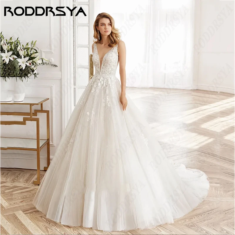 RODDRSYA Profundo V-Neck A linha Vestidos De Casamento Para As Mulheres Свадебное платье Romântico Tulle Sem Mangas Backless Festa De Noiva 2024Profundo V-Neck A linha Vestidos De Casamento Para As Mulheres Свадебное п