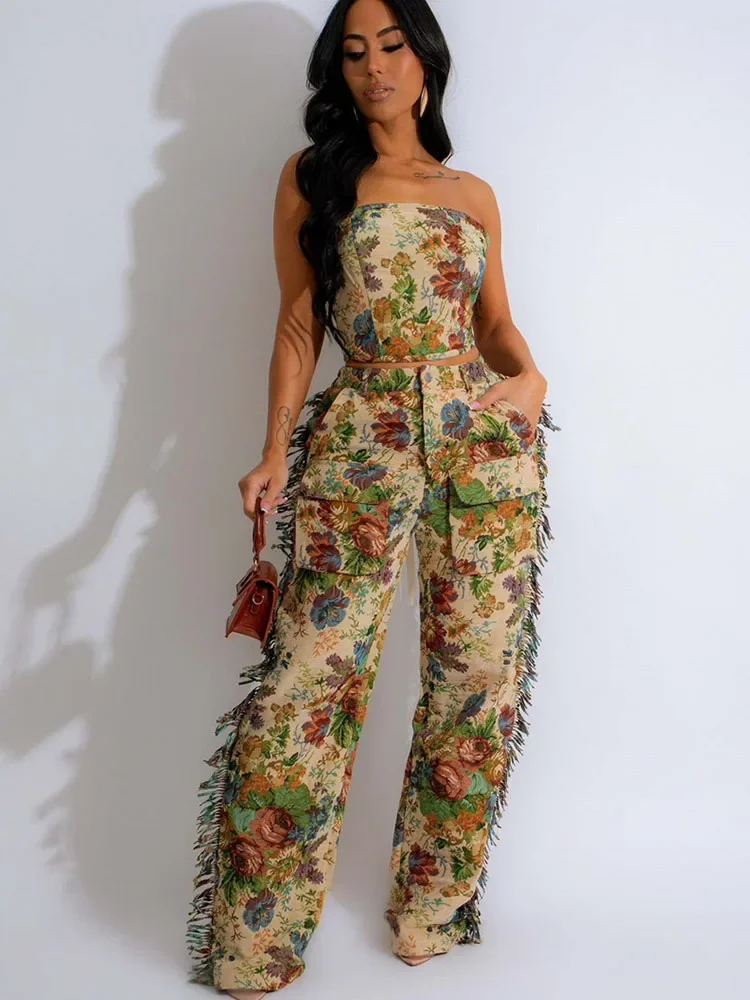 Floral Printing Two Piece Set for Women Clothing Outfit Sets Birthday Party Strapless Crop Top and Side Tassel Wide Leg Pants