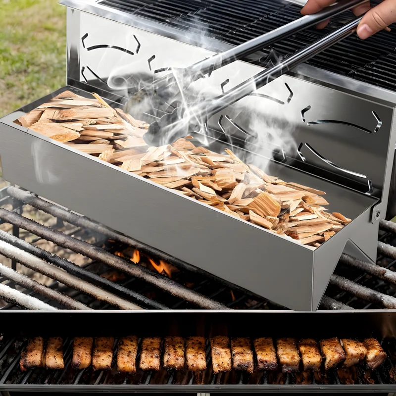 

Wood Chip Smoker Box Outdoor Barbecue Smoker Box Outdoor Barbecue Accessories Stainless Steel with Convenient Hinge Lid for BBQ