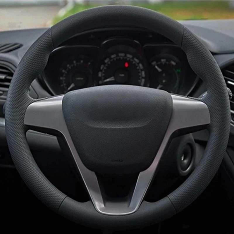 Hand-stitched Black Real cowhide Leather Car Steering Wheel Cover For Lada Xray 2015-2019 Vesta 2015 2016 2017 2018 2019