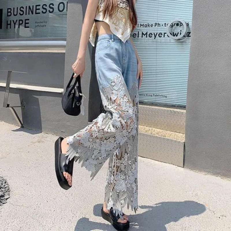 

High Waist Wide Leg Pants Openwork Lace Stitching Denim Drape Pants Women's Loose Straight Pants