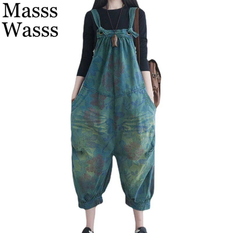 

Masss Wasss Female Classic Ripped Oversized Denim Overalls Ladies Fashion Printed Long Pants Vintage Loose Jeans Casual Trousers