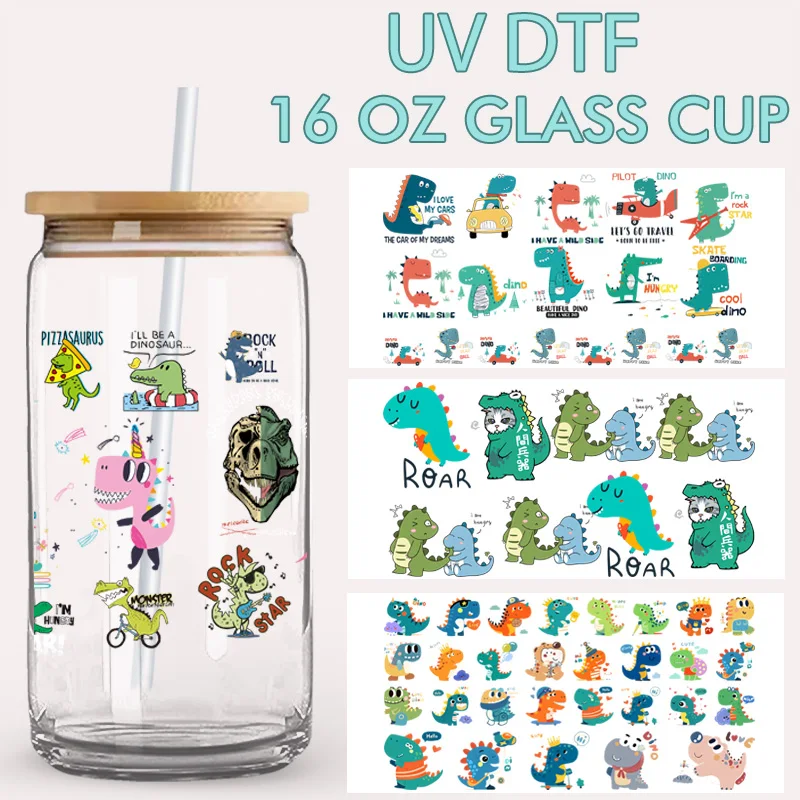Cartoon Dinosaur UV DTF Cup Wraps Waterproof & Scratch Resistant Stickers for 16oz Glass Cups Mugs DIY No Heat Decals