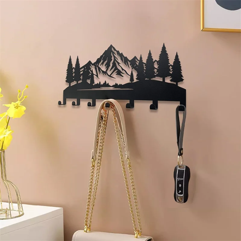 Durable modern mountain tree forest design metal key holder wall hooks organsizer entryway hallway decor keys home storage hook