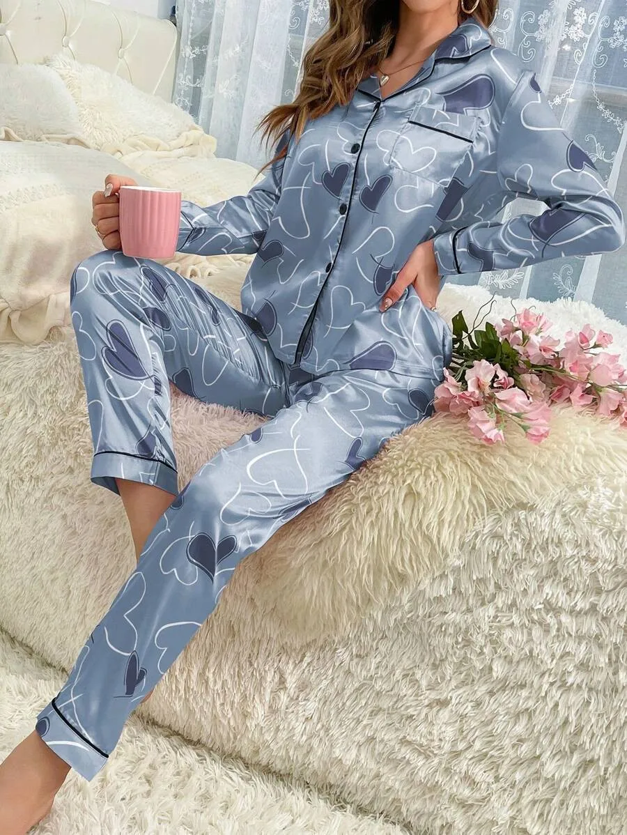 Cute Women Heart Pattern Faux Silk Satin Pjs Set, Long Sleeve Lapel Button Top & Full Length Trousers, Contrast Binding Nightwea