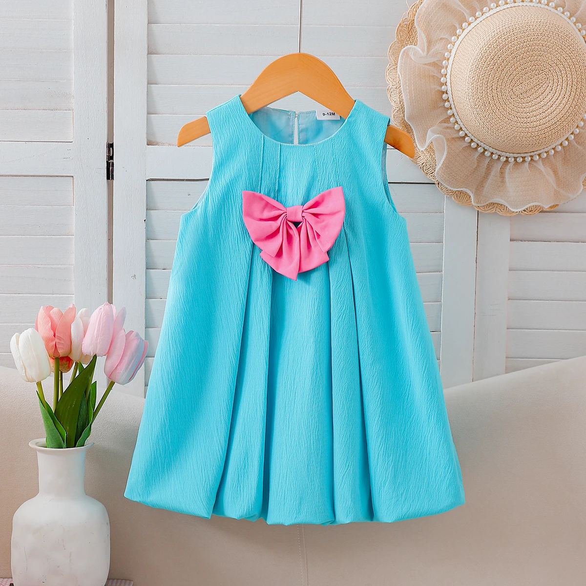 

Синее платье без рукавов для девочек с розовым 3D-образным бантом, детская модная повседневная одежда для девочек