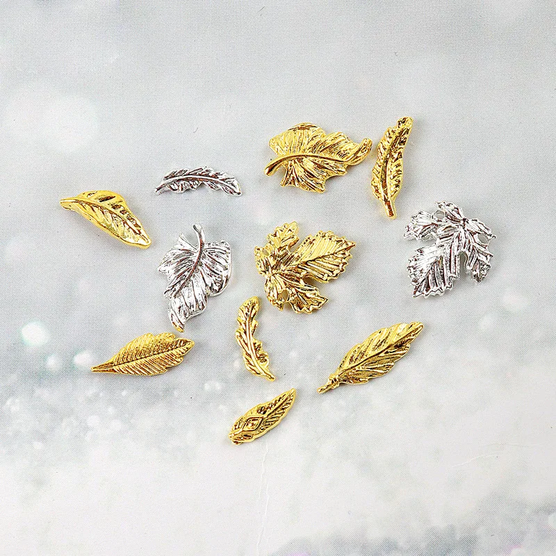 30PCS Gold SIlver Whorled Textured Feather Ginkgo Maple Leaves Alloy Nail Art Rhinestones Decorations Slice Manicure Ornmanets
