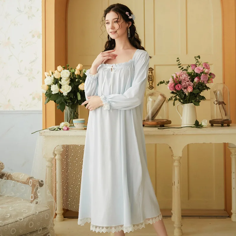 Women Cotton Night Dress Spring Autumn Long Sleeve Loose Robe Sweet Lace Romantic Vintage Nightgown Princess Sleepwear Homedress - Image 4