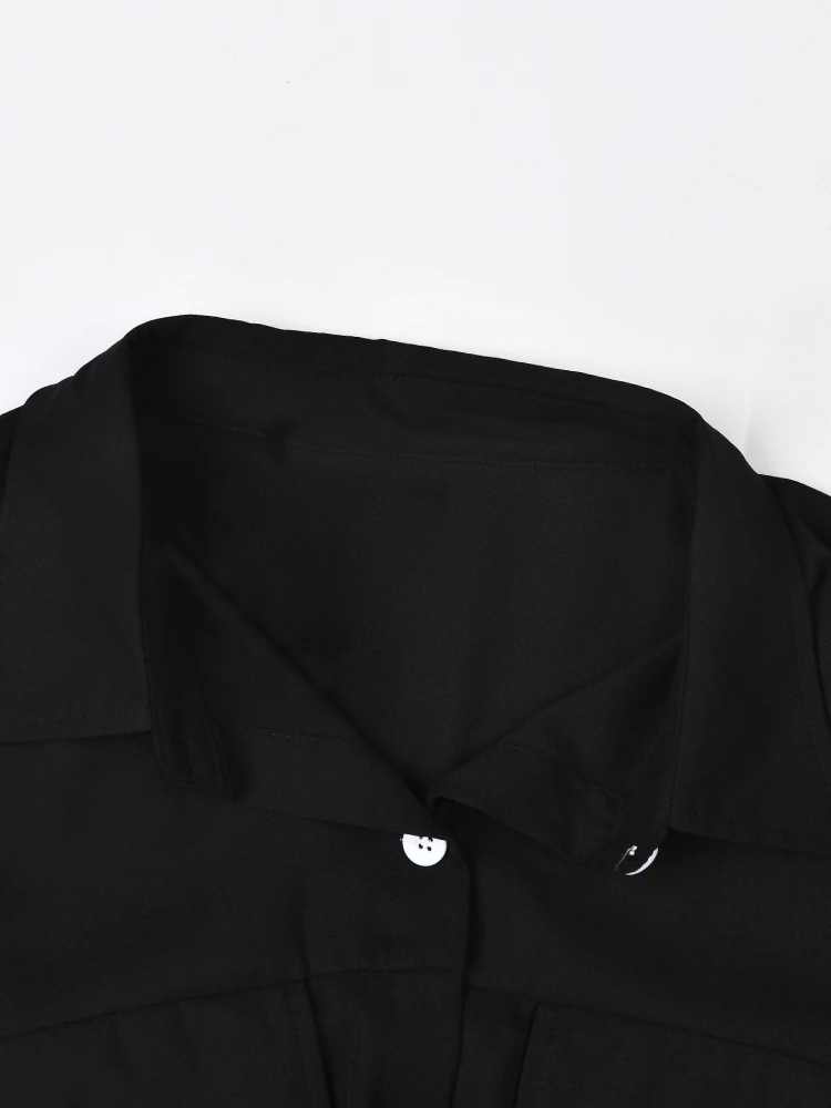 [EAM] Abito camicia da donna di grandi dimensioni pieghettato in pizzo nero Nuovo risvolto mezza manica vestibilità ampia moda marea primavera estate 2024 1DF8749