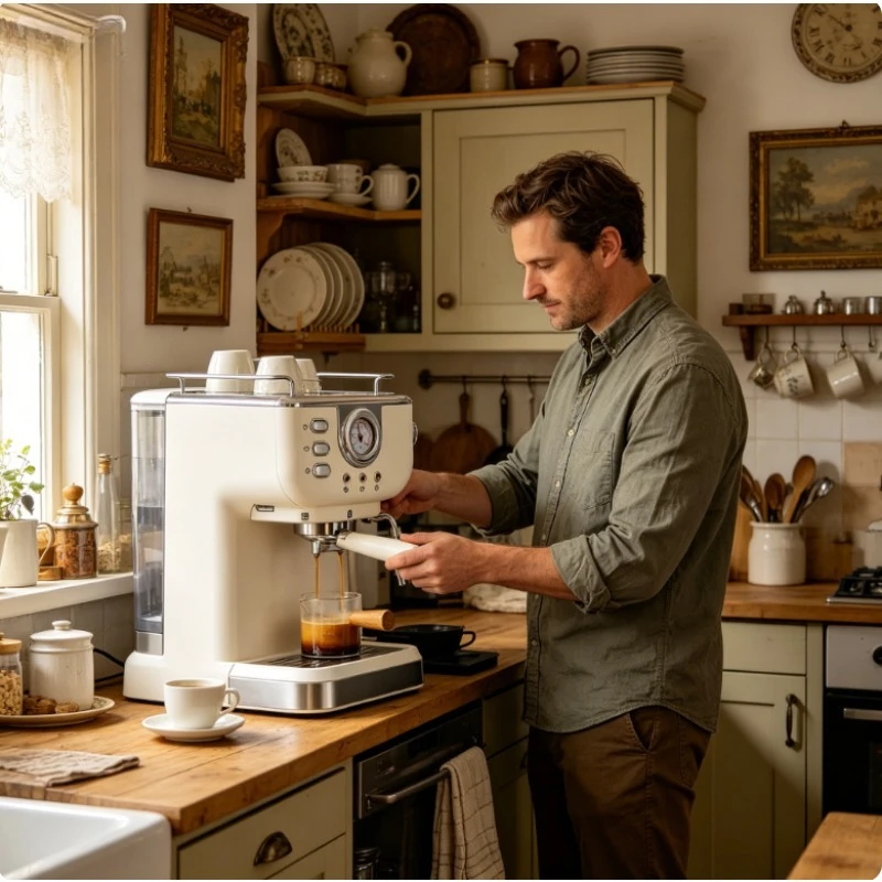 Cremeweiße 1,5L Italienische Halbautomatische Espressomaschine, Heimbarista-Kaffeemaschine mit Milchaufschäumer für Cappuccino, Latte, Mocha, Kompakter Haushaltskaffeebrüher für die Arbeitsplatte