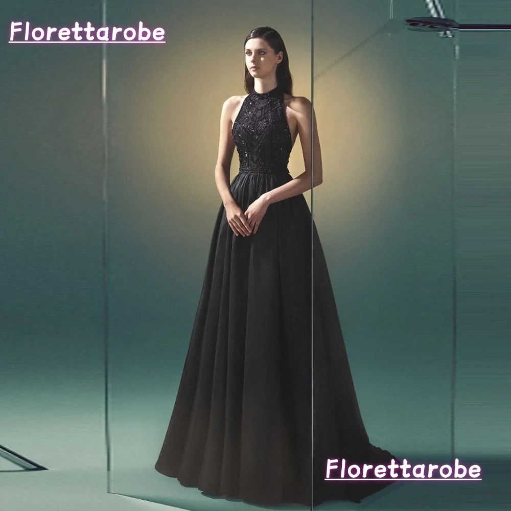 

Florettarobe Black Tulle Halter Evening Dress Strapless Luxury Beaded Sequins Party Prom Dress Tulle Long Corset Customized
